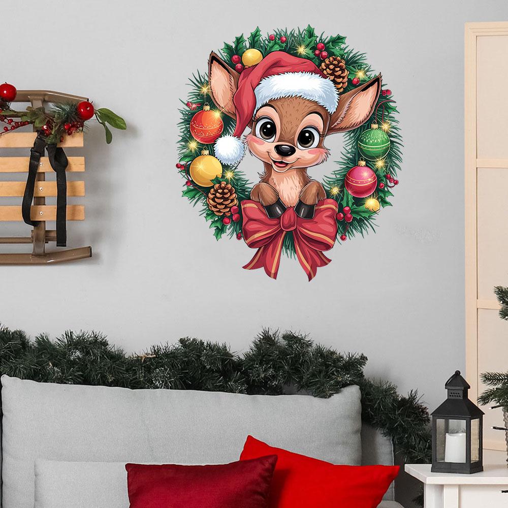 Removable Christmas Reindeer Wreath Wall Sticker for Living Room, Bedroom, or Entrance