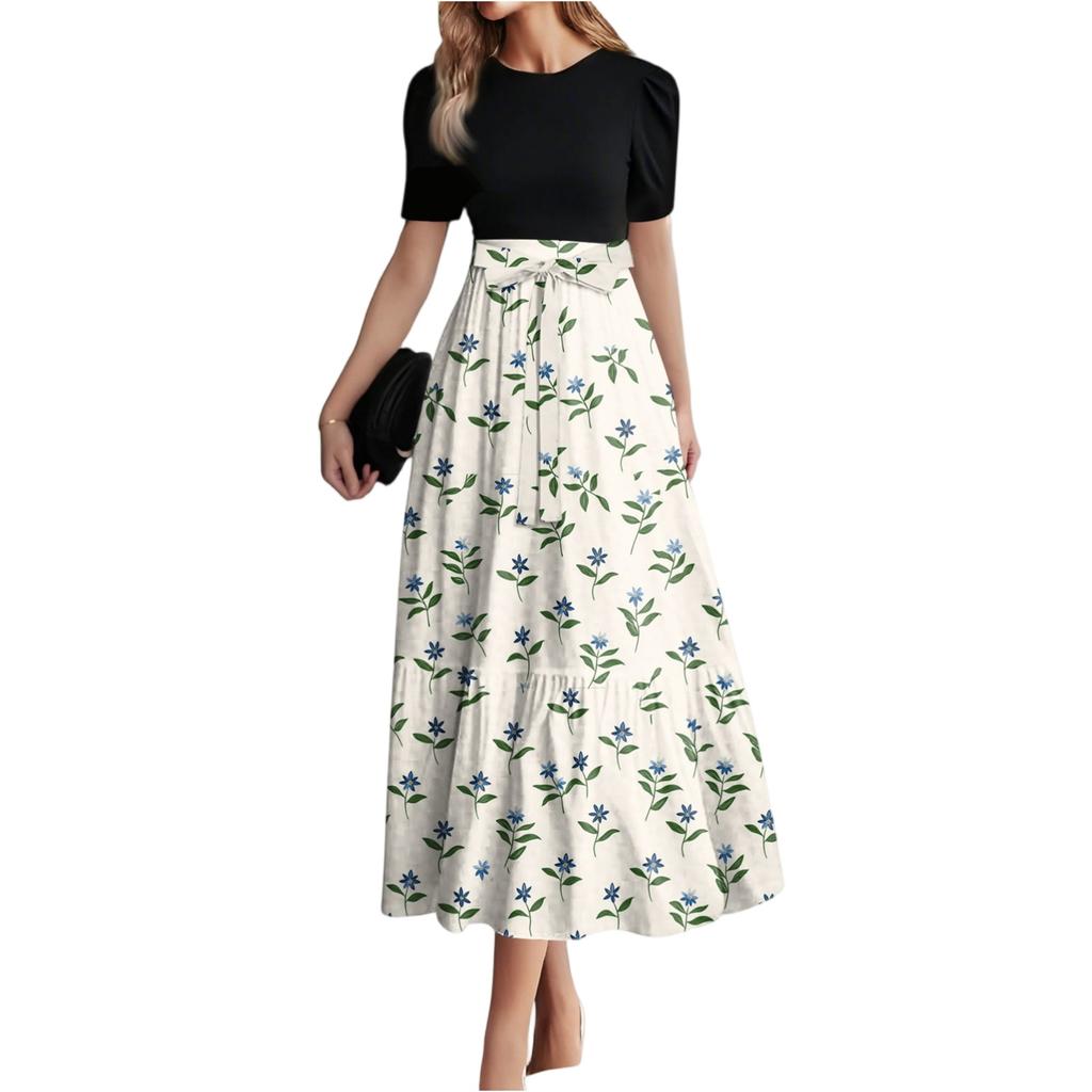 Damenmode Lässig Gürtel Kurzarm Rundhals Nähte Elegant Temperament Kleid