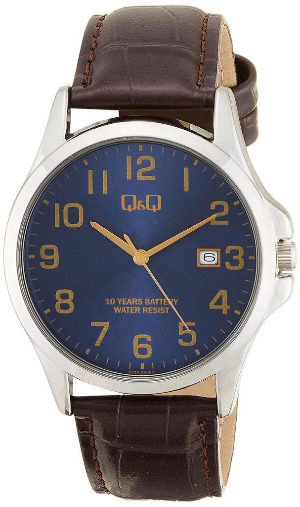 Citizen Analog Battery Date Synthetic Leather Blue Q&Q Men's Watch, 10-Year Life, Waterproof, Display, Band, A23A-005PK,