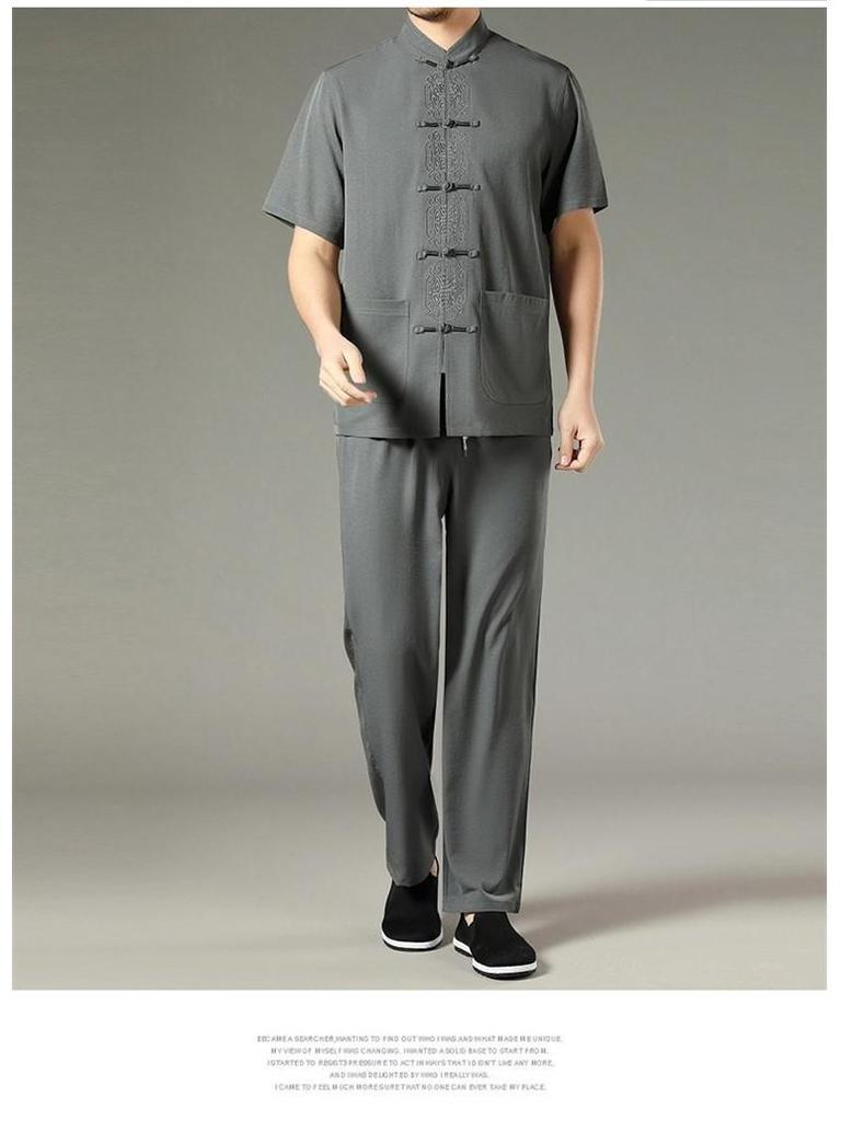 Men's 2022 Summer Short Sleeve Tang Suit: Cotton Linen Two-Piece Set for Middle-Aged and Elderly Casual Wear