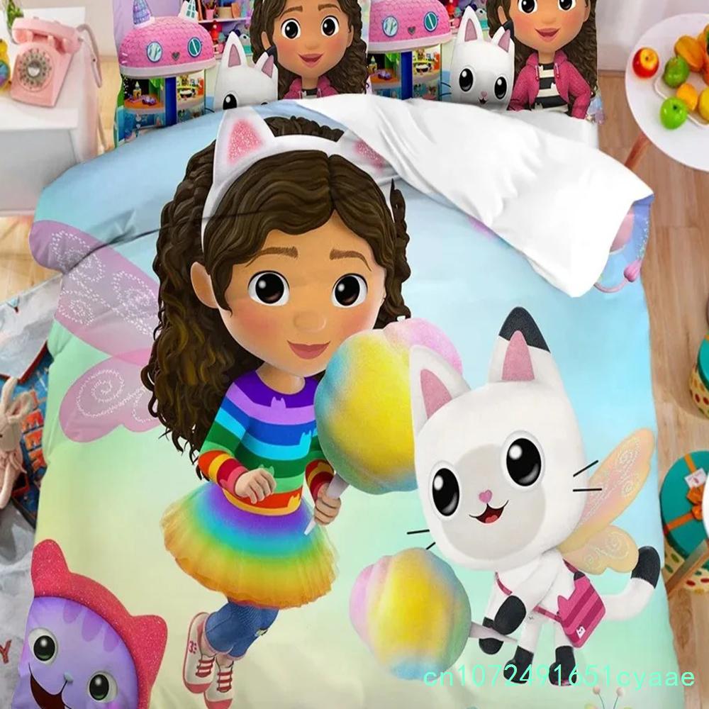 Gabby's Dollhouse Bedding Set,Kawaii Gabby's Dollhouse Duvet Cover Bed Linen Set Single Double Size,Bedclothes Quilt Cover