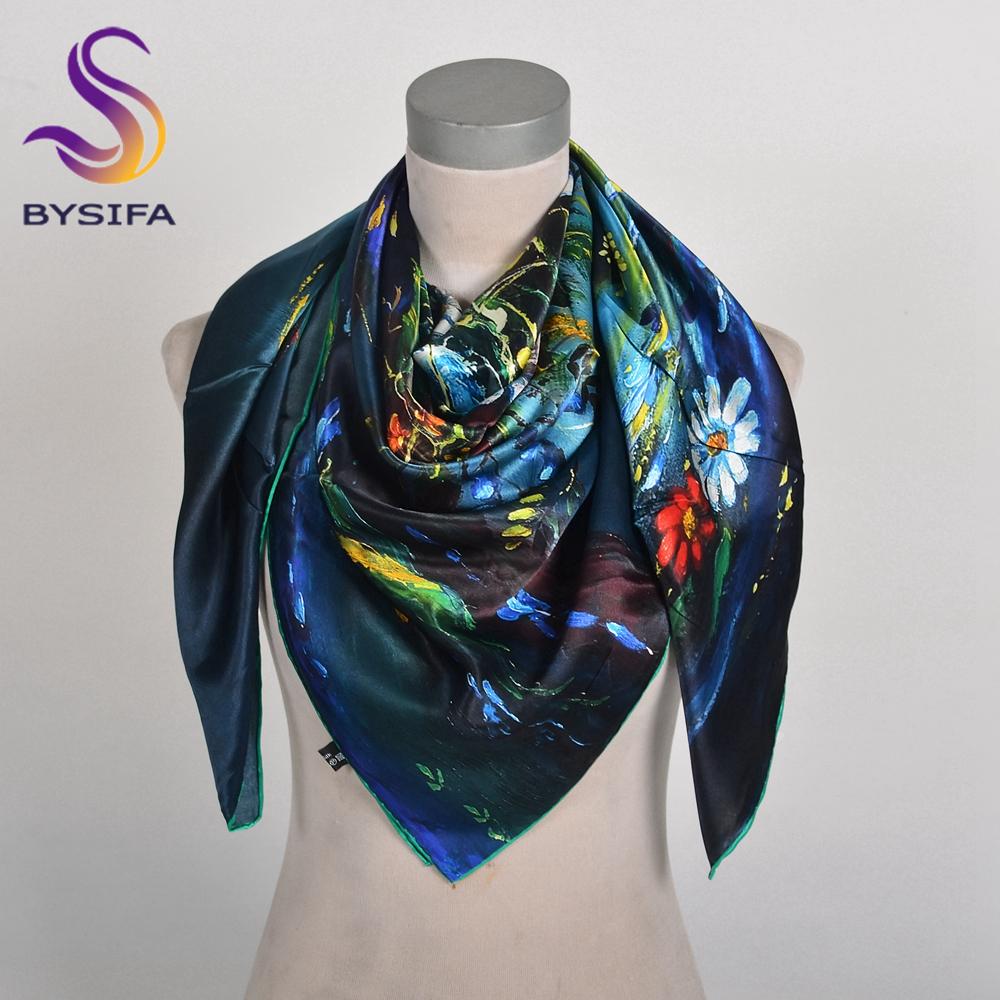 BYSIFA|New Blue Green 100% Silk Shawl Scarf Women Fashion Floral Design Scarves Hijabs Brand Accessories Scarf Wrap Cape 110*110