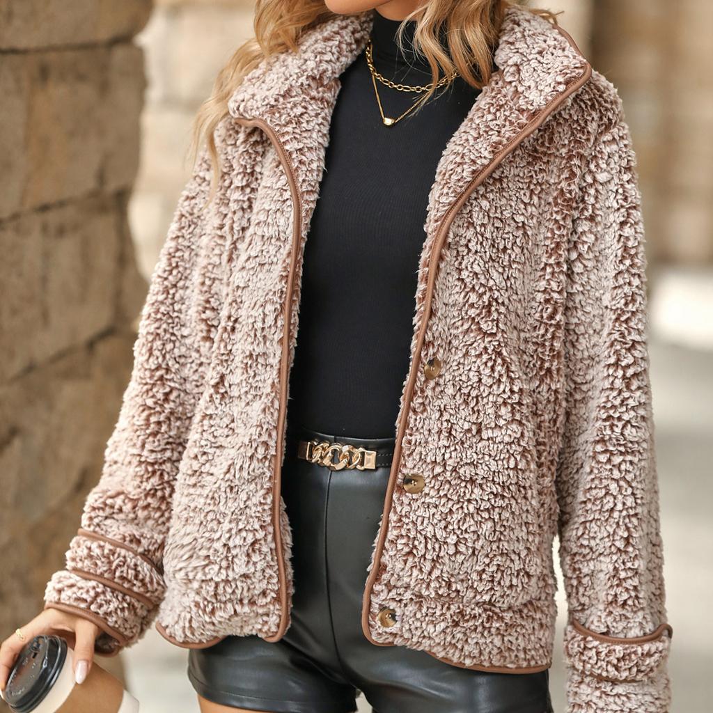 Jachete din lână Sherpa pentru damă, iarnă, călduroasă, cu guler ridicat, haină de pluș cu nasturi, îmbrăcăminte cu mânecă lungă, cu buzunare Jachetă de blană artificială pentru femei