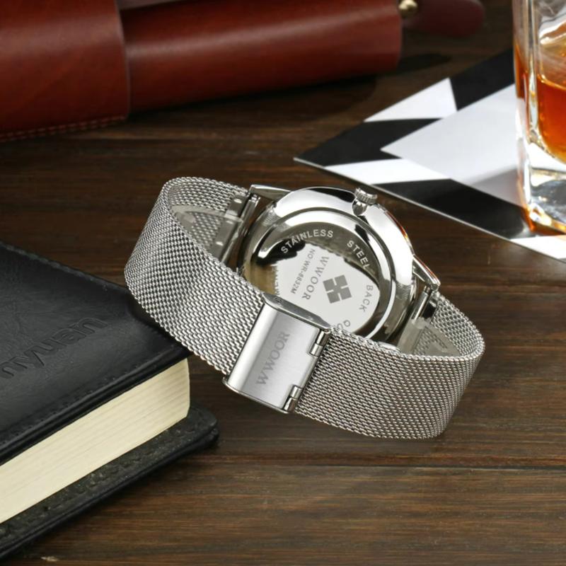 WWOOR Gold Watches Ultra Thin Simple Men Quartz Watches Waterproof Mesh Belt Full Stainless Steel Wristwatch