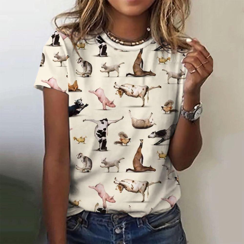 Women's cartoon animal printed T-shirt, fashionable top, short sleeved shirt, round neck T-shirt, women's Harajuk polyester clothing