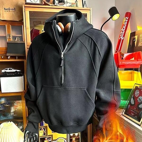 Men's Trendy Grey Half-Zip Stand Collar Hoodie: Deconstructed Design, Heavyweight American Style Sweatshirt