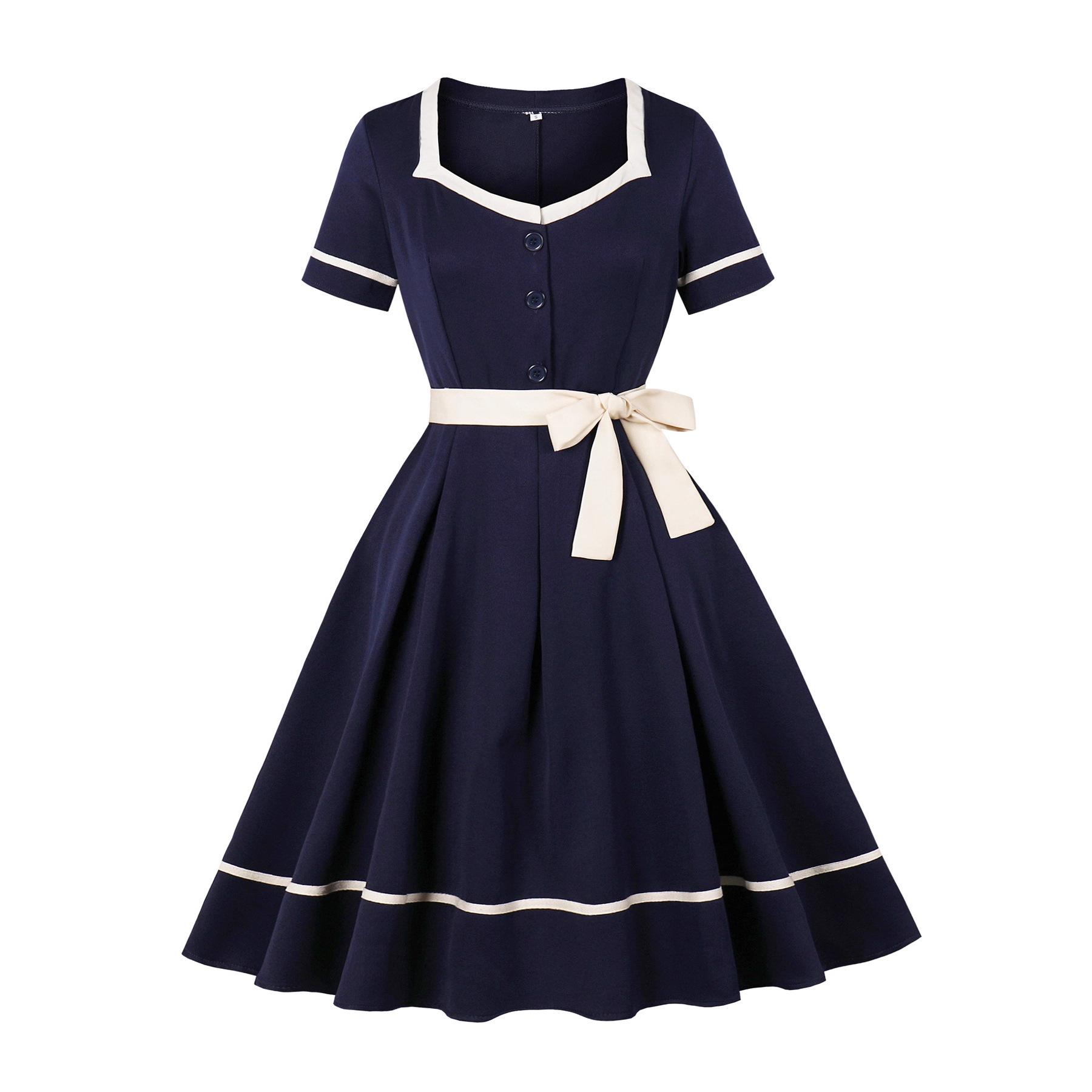 Women s Fashionable Retro Lace-Up Waist-Cinching Color-Block Dress For Summer L