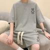 2 Pcs/Set Men Summer Tracksuit Cartoon Bear Korean Style Half Sleeves Sports Drawstring Casual Top Shorts Suit Male Clothes