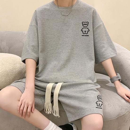 2 Pcs/Set Men Summer Tracksuit Cartoon Bear Korean Style Half Sleeves Sports Drawstring Casual Top Shorts Suit Male Clothes