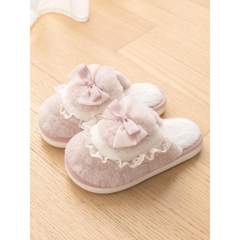 Bow cotton slippers women's winter new couple cute home plush warm fluffy slippers