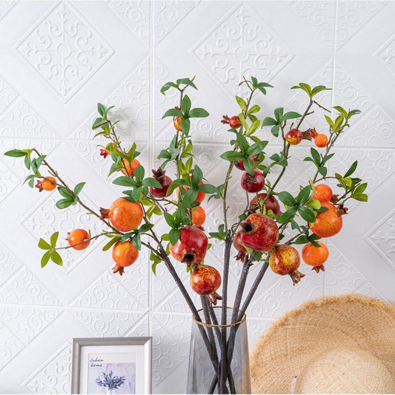 3pcs Artificial Pomegranate Stems with Leaves, Faux Fruit Branches for Rustic Home Decor, Fall Centerpieces, Wedding & Holiday Arrangements,73cm