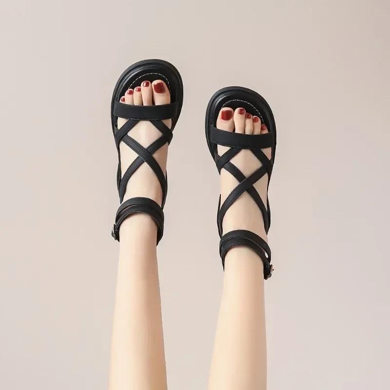 Fashion 2024 Sandals Black Shoes for Women Summer Heels All-Match New Beige Comfort Beach Low Fashion Girls Flat Gladiator Clear Lace