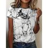 Ladies' 3D Marble Pattern Printed T-shirt Summer Short Sleeve Round Neck Casual Top Fashion Street Personalized Top