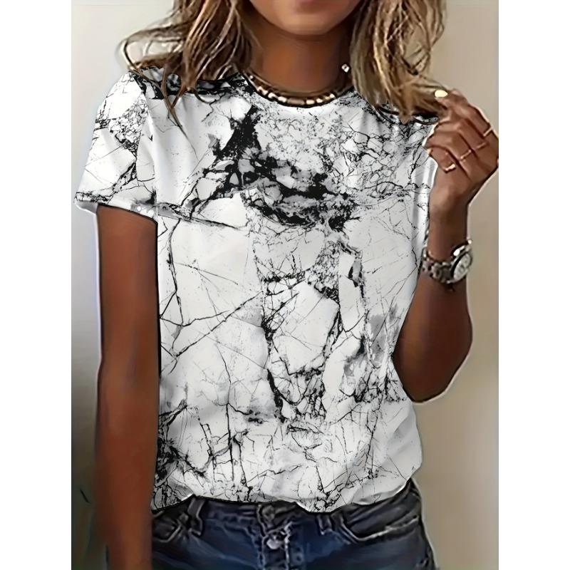 Ladies  3D Marble Pattern Printed T-shirt Summer Short Sleeve Round Neck Casual Top Fashion Street Personalized Top S