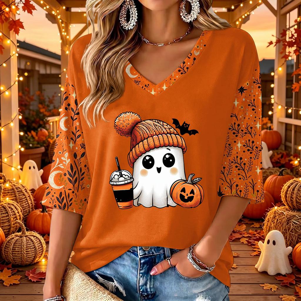 Women's V-Neck Halloween Print Casual Three-Quarter Sleeve Top