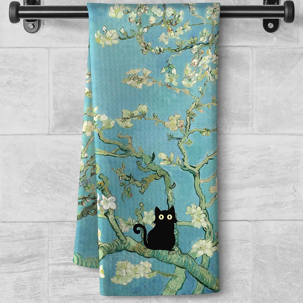 Art Cat Kitchen Towels - Quick-Dry Decorative Towel for Art Enthusiasts & Cat Lovers | Vintage Masterpiece Hand Towels for Famous Painting Lovers Almond Blossom 1
