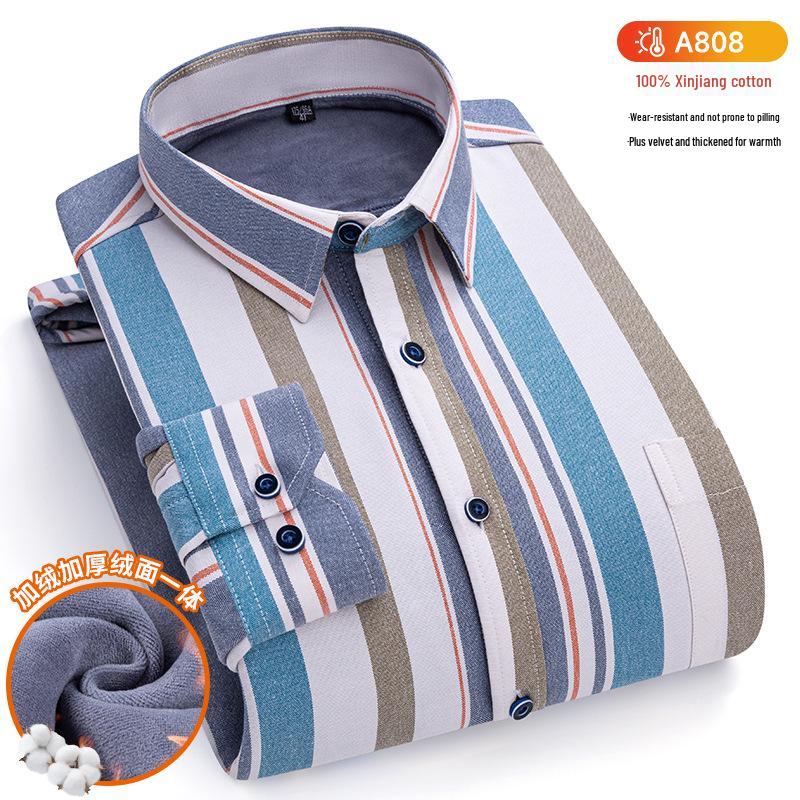 New Plus Size Velvet-Lined Men's Pure Cotton Plaid Shirt - Warm, Thickened for Autumn/Winter Cold Protection
