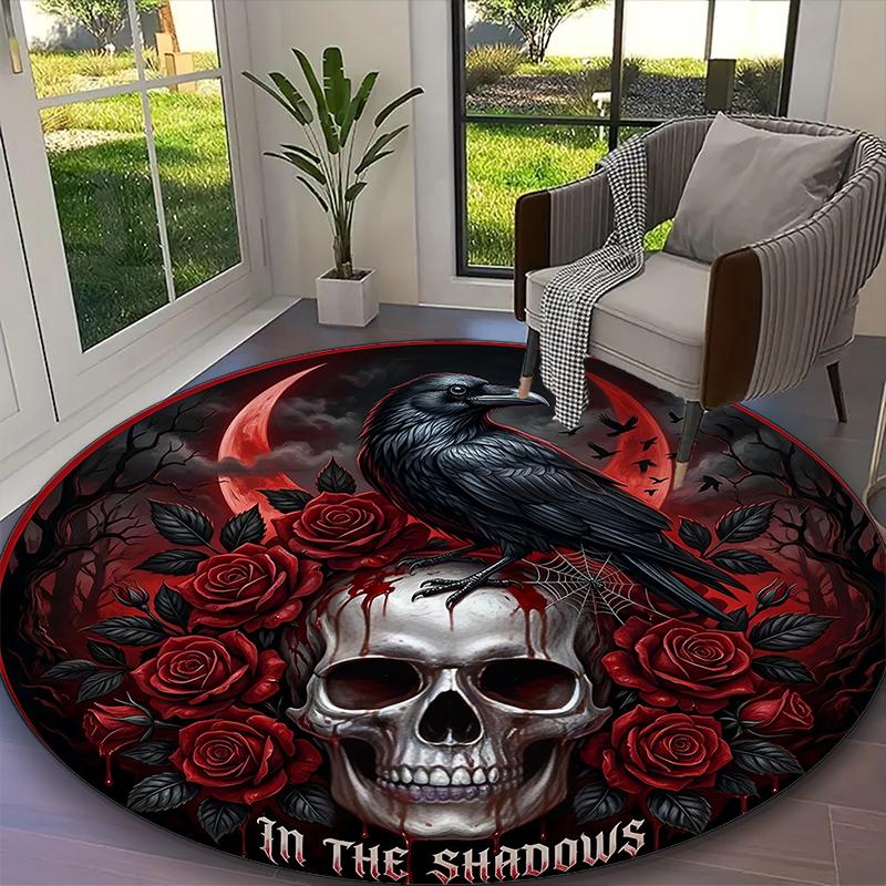 Gothic Dark Rose Skull Bloom Print Round Rug, Multi-functional Office Chair Sofa Carpet, Easy Clean Carpet for Home and Living Spaces