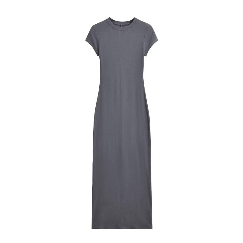 Sleek Back Slit Short Sleeve Round Neck Bodycon Dress - Women's Pure Desire Style