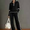 Women Two Piece Tracksuit Set Half Zip Stand Collar Sweatshirt Drawstring Wide Leg Pants Contrast Stripe Casual Sportswear