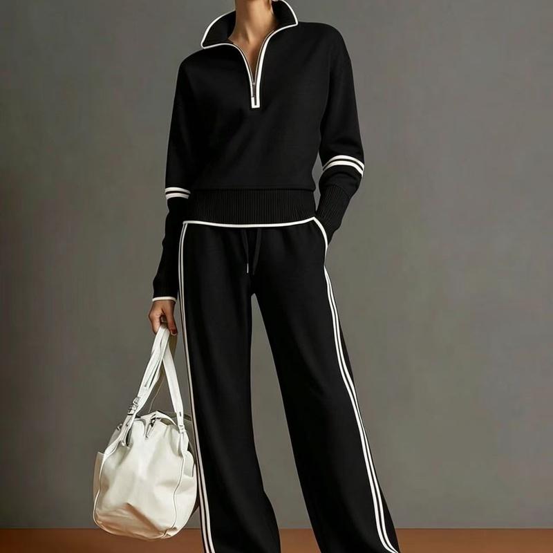 Women Two Piece Tracksuit Set Half Zip Stand Collar Sweatshirt Drawstring Wide Leg Pants Contrast Stripe Casual Sportswear