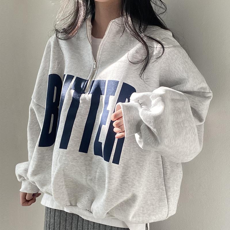 Koreanisch Chic Frühling Nische Vielseitig Stehkragen Colorblock Buchstabenprint Design Locker Langarm Kapuzenpullover Damen