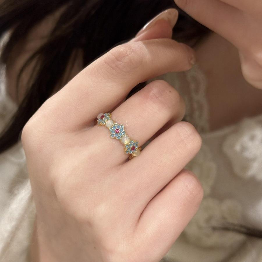 New Chinese Blue and White Porcelain Enamel Drop Glaze Flower Chalcedony Ring Retro Light Luxury Bracelet
