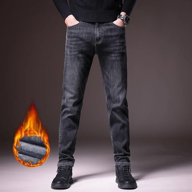 Spring And Autumn Winter New Men'S Plush/Regular Jeans Slimming Straight Stretch Business Versatile Long Pants
