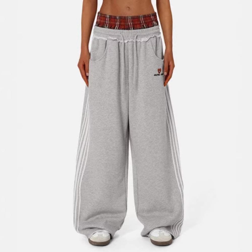 Unisex High Waist Striped Embroidered Wide Leg Sweatpants Loose Fit Vintage Fake Two Piece Casual Trousers