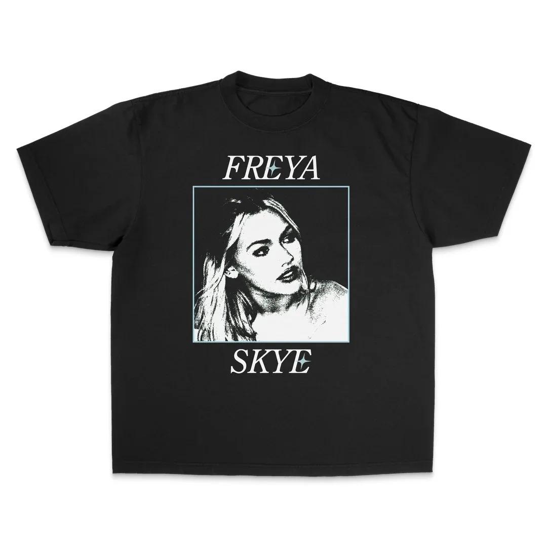 Freya Skye Brand Name Split TShirt Vintage Black White Portrait with Light Blue Deepening Black Base Womens Tshirt S
