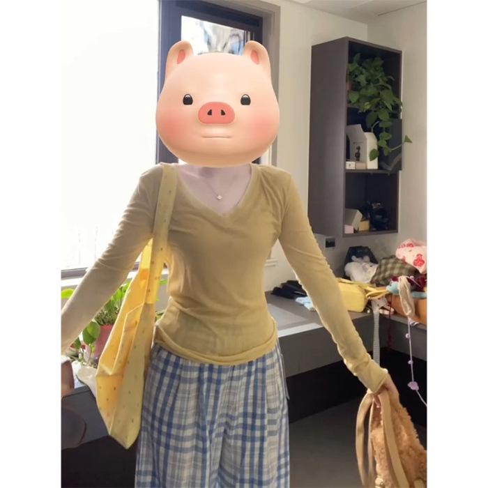 

Женская футболка из чистого хлопка с V-образным вырезом, облегающего кроя, с длинным рукавом - Элегантный осенний стиль Extra Large жёлтый