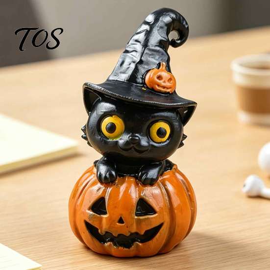 Decorative Desktop Sculptures Halloween Black Cat & Pumpkin Resin Ornaments, Cute Figurines, Artistic Craft Collectibles Cartoon And Statue