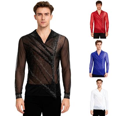 Mens Figure Skating Top Sheer Mesh Glittery Rhinestones Front Ruched Overlay Lapel V Neck Long Sleeve Shirt
