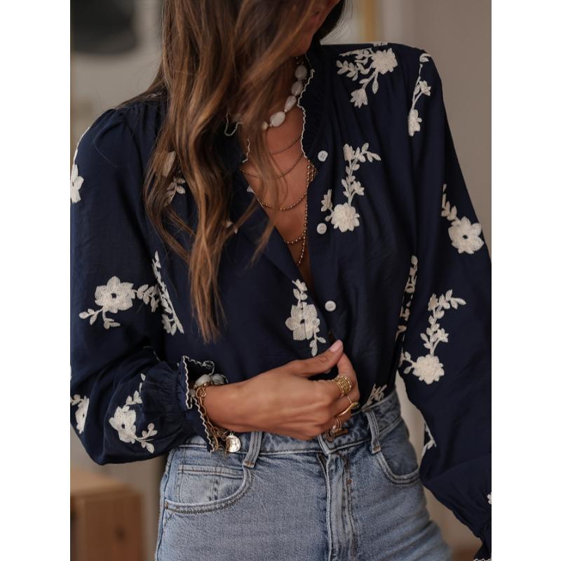 Women's Fall Winter Floral Print Long Sleeve Blouse Lapel Collar Lantern Sleeve Button Down Casual Elegant Shirt Top