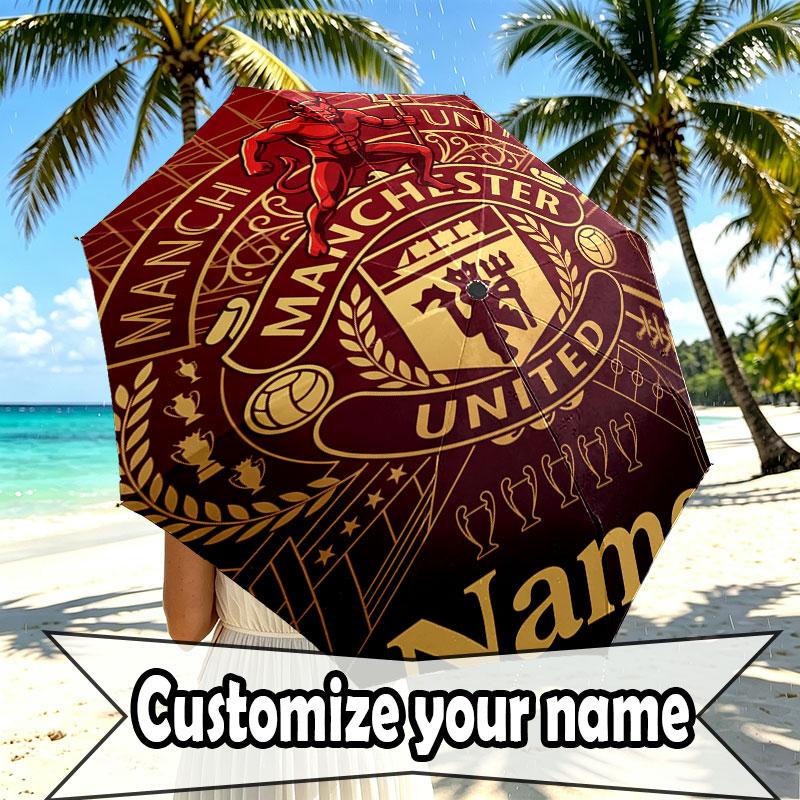 Custom Name Personalized Manchester United Print Umbrella, Auto Open Close, 8‑Rib Sturdy Frame, Commute Camping Hiking Use, Birthday Gift