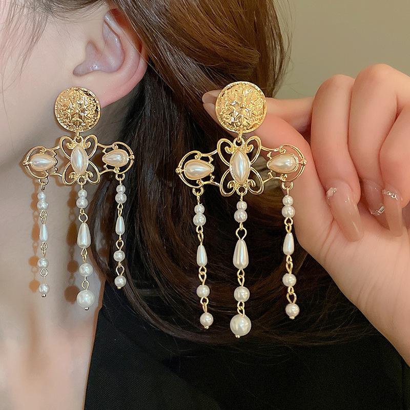 Water drop pearl flower earrings exaggerated antique earrings French retro court style earrings