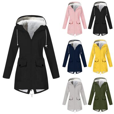 Regenjacke für Damen, Plüsch, einfarbig, gestreift, Outdoor, wasserdicht, mit Kapuze, winddicht