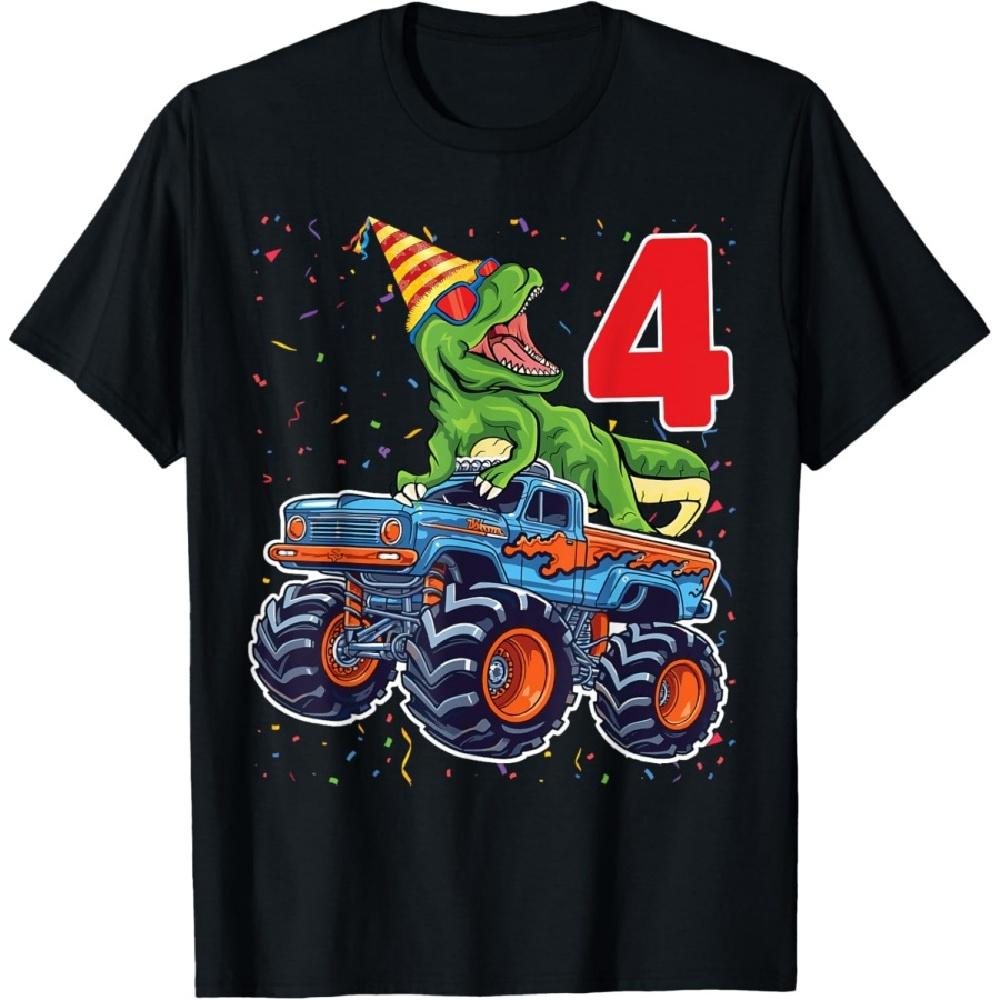 

4th Birthday Monster Truck Dinosaur Birthday Boys 4 Year Old T-Shirt S
