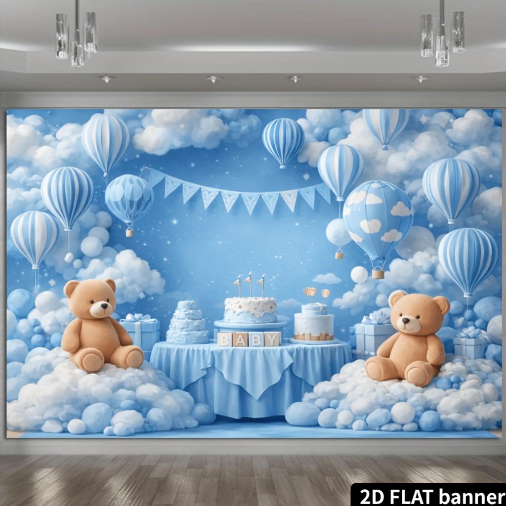 2D Plane Blue and White Hot Air Balloon Teddy Bear with BABY Letters As the Background Fabric. Starry Clouds with Blue Color.
