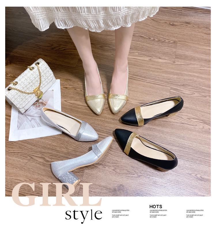 2025 Spring Women's High Heels: Pointed Toe Chunky Heel Slip-On Shoes with Rhinestones, Large Sizes Available