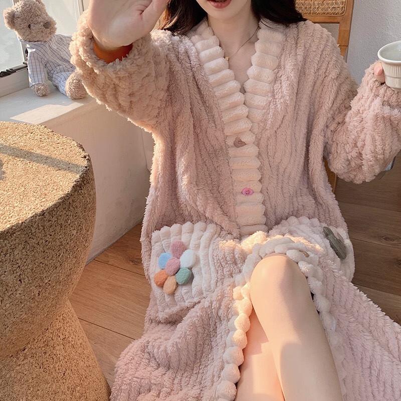 OEING Women's Autumn/Winter Warm Coral Fleece Long Robe