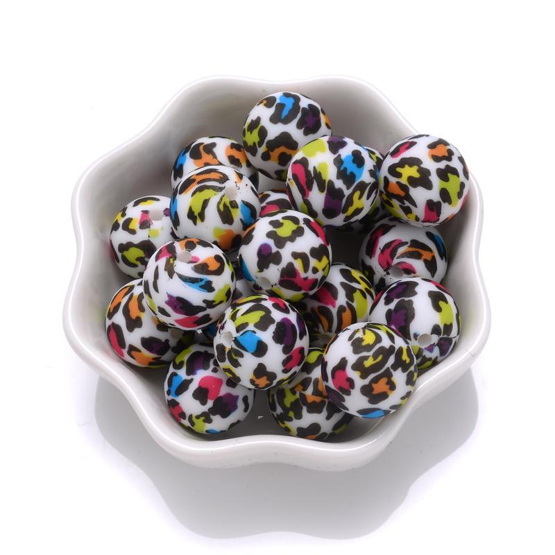 10Pcs 15mm Colorful Print Leopard Pattern Silicone Beads Ball Shape Teething Jewelry Beads For Teether Pacifier Chain Necklace