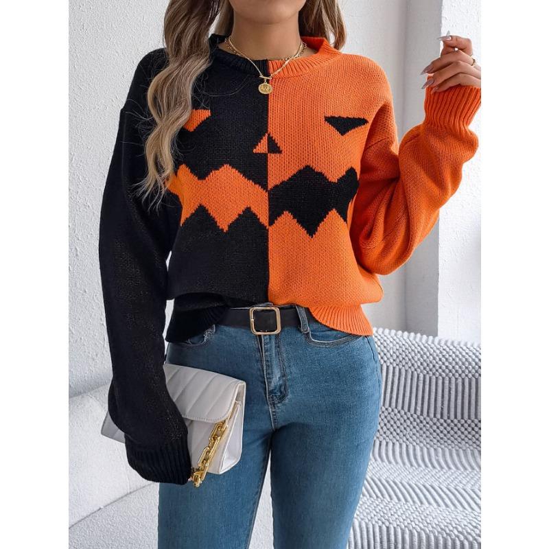 Toamnă și Iarnă Femei Halloween Dovleac Înfricoșător Culori Contrastante Tricotat Mânecă Lungă Pulover