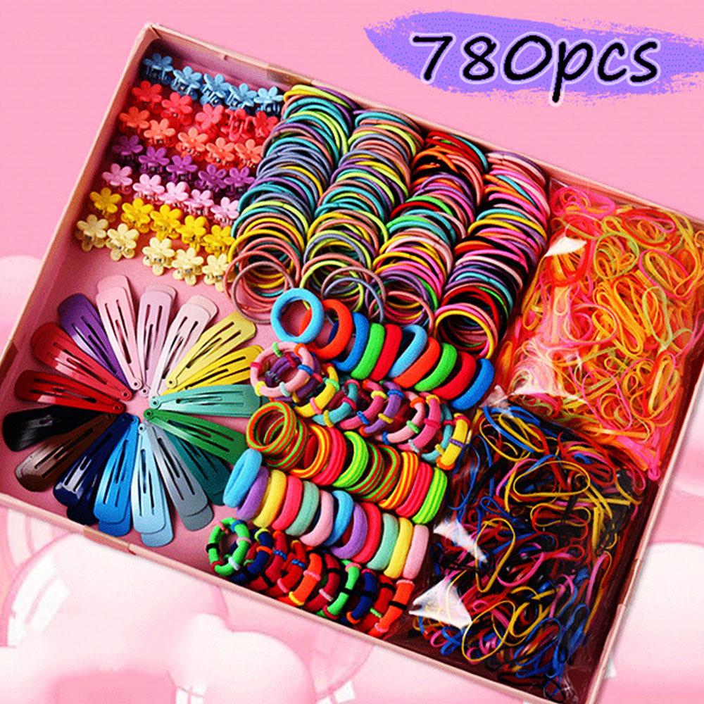 Low MOQ 780 Piece Set Mixed Color Little Girl Elastic Hair Band Hair Claws and Clip розовый