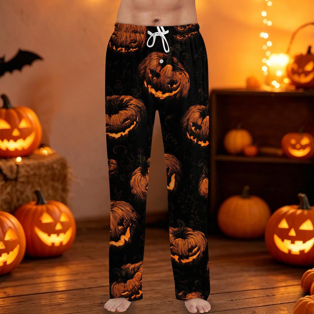 Men's Halloween Printed Drawstring Pajama Pants - Comfortable Sleepwear with Fun Halloween Pattern for Lounging and Sleeping At Home