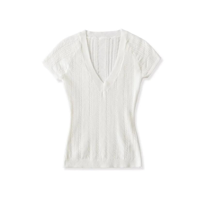 V-neck hollow short-sleeved T-shirt women's summer new American Spice Girl solid color slim-fitting knitted bottoming top