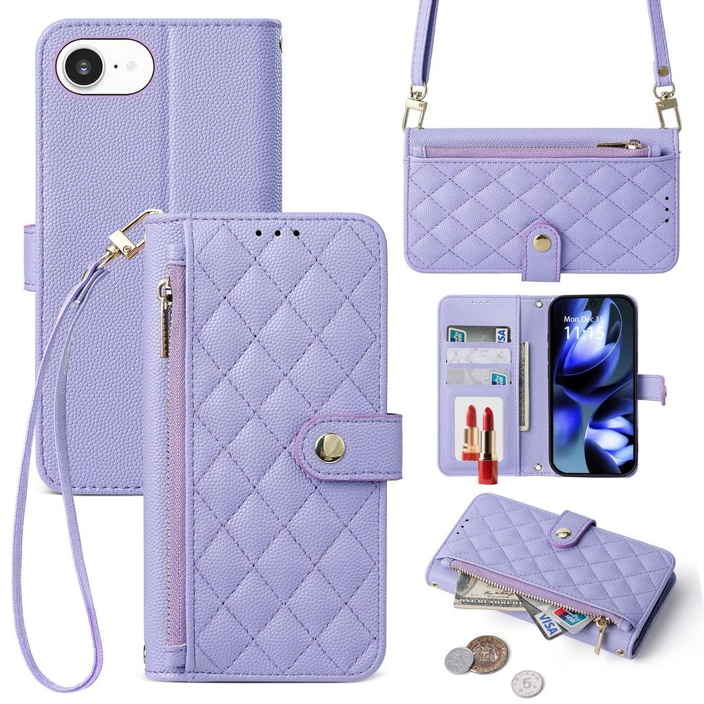 iPhone16e French Style Wallet Case: Card Slot, Zipper, Shoulder & Hand Straps, Crossbody Leather