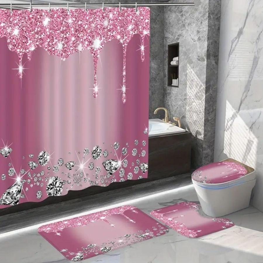 4Pcs Sparkling Diamond Shower Curtain Set, Shiny Bathroom Trim, Carpet And Toilet Seat,Burgundy Luxury Textured Colorful