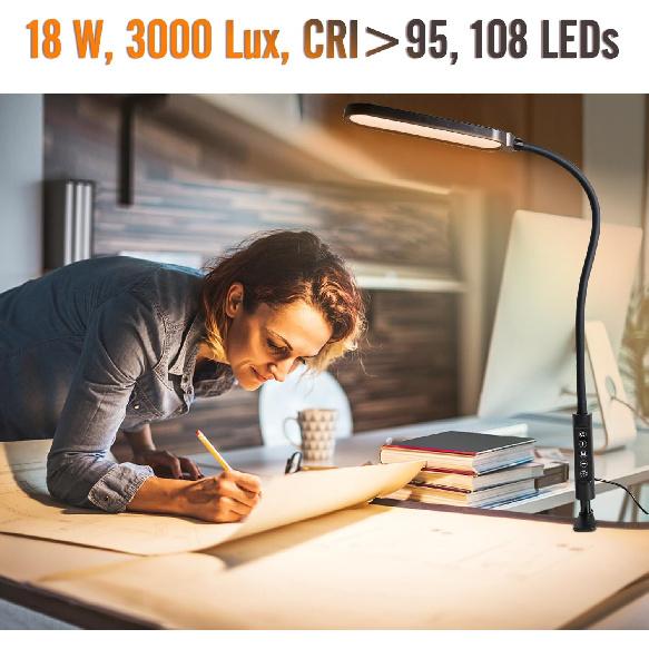 Clamp on Lamp, LED Desk Lamp, 18W, 3000 LMS, 3 Color Modes, 16 Brightness Levels, CRI>95, 0.5H/1H Timer, Eye-Caring Task Lamp with Remote for