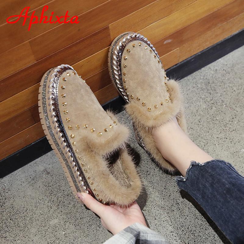 Aphixta Real Mink Fur Shoes Women Flats Luxury Rivets Hand Stitching Winter Shoes Woman Crystals Slip-on Platform Footwear